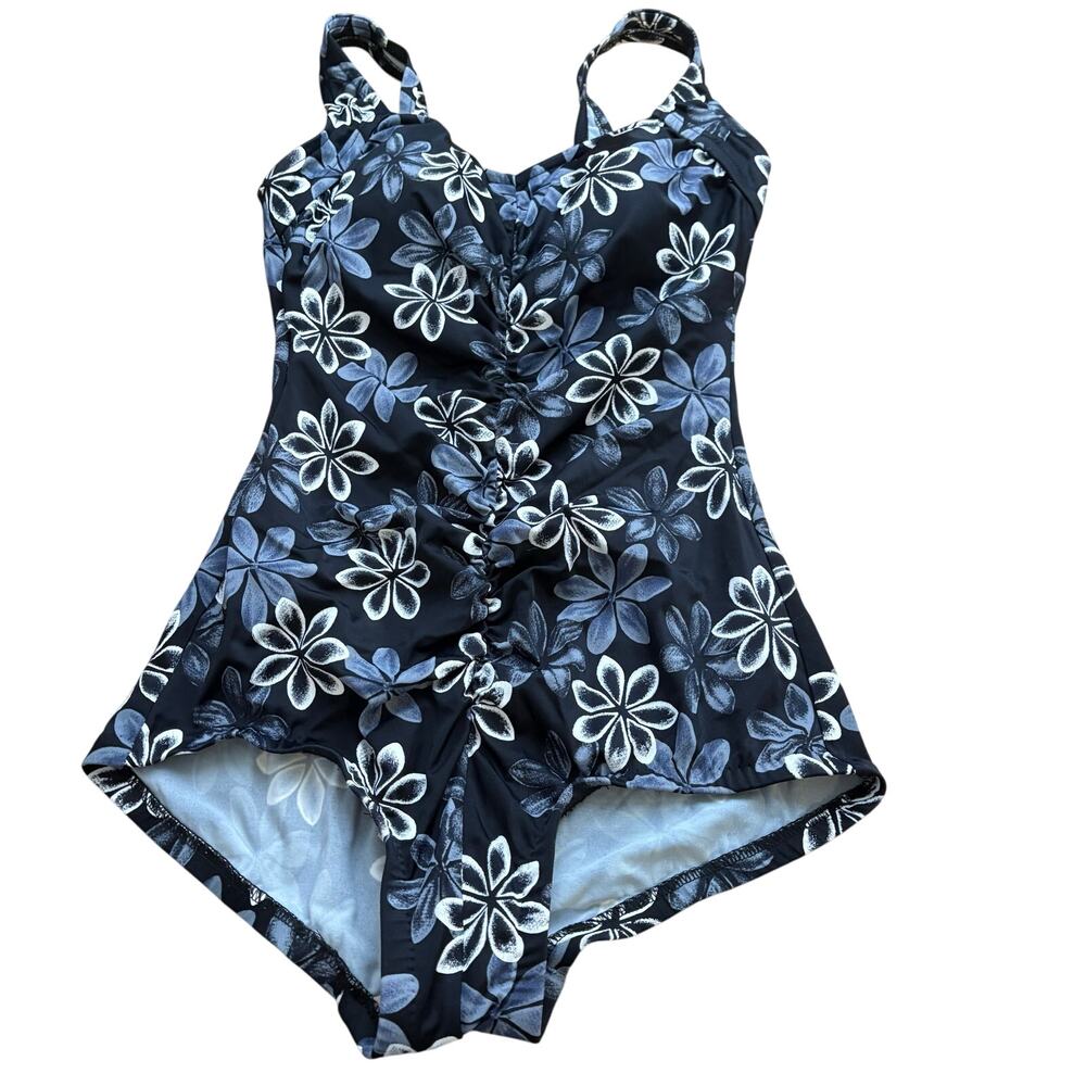 Maxine Black White Grey Floral One Piece Swimsuit 14 Vintage 90s Pinup Spa Girl